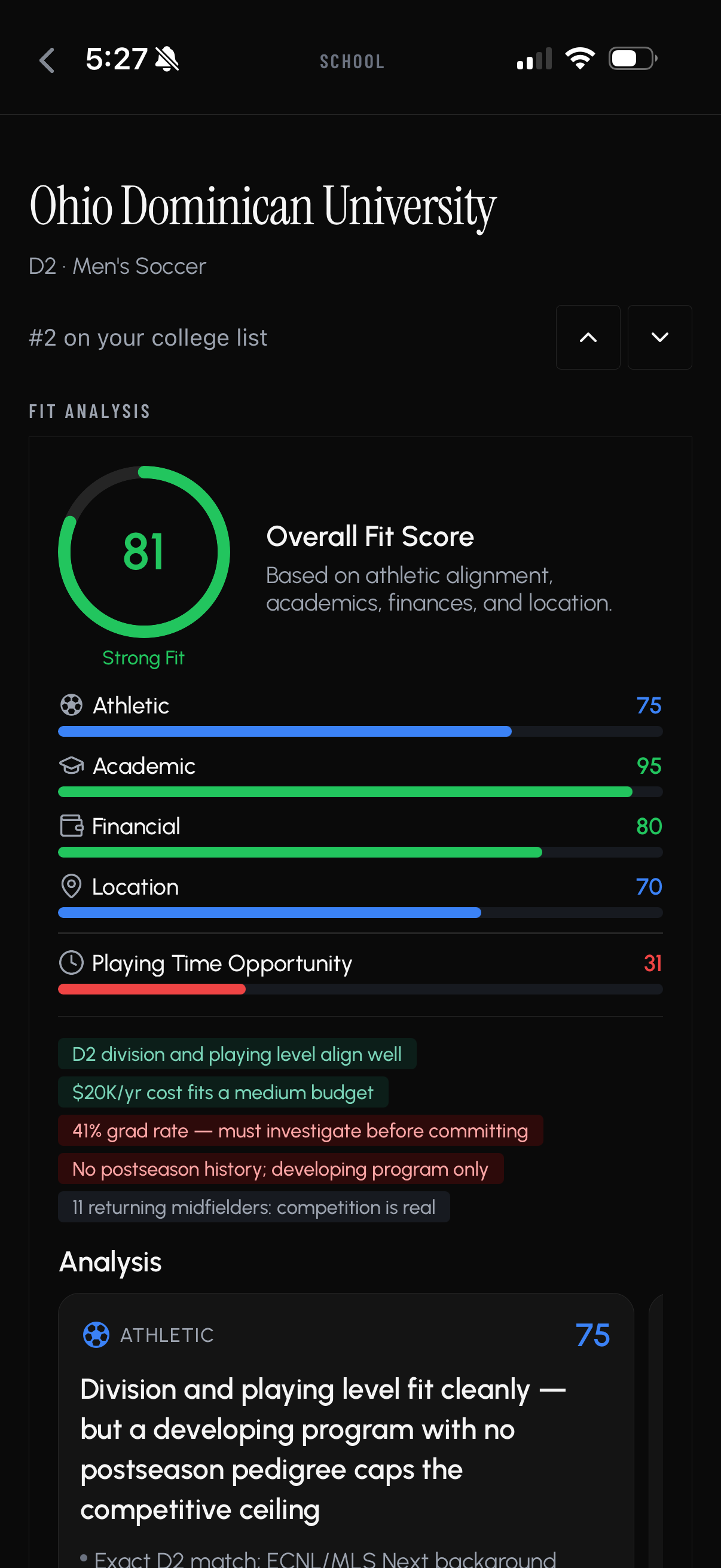 RecruitedXI AI School Fit score screen