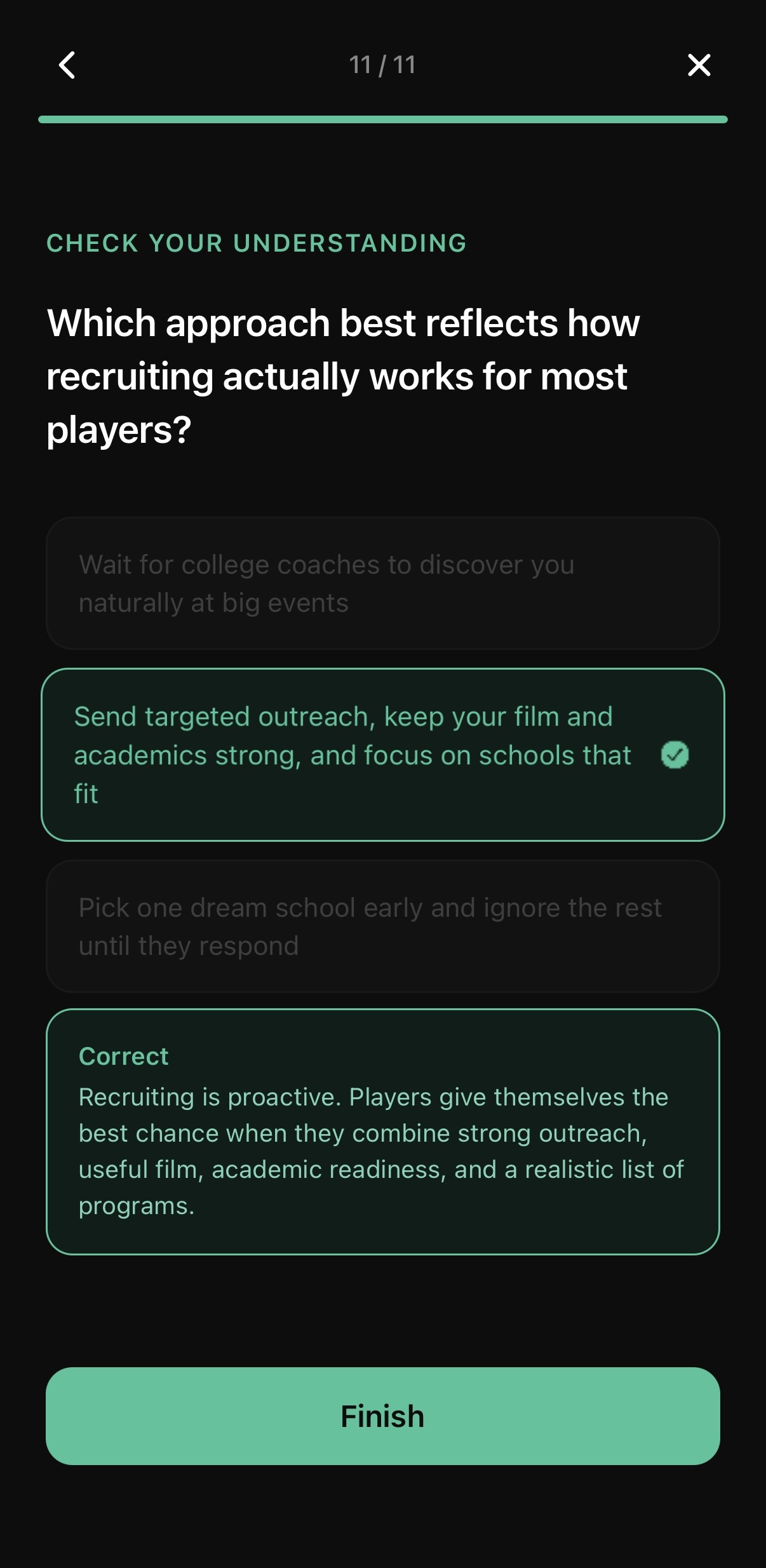 RecruitedXI lesson and quiz screen