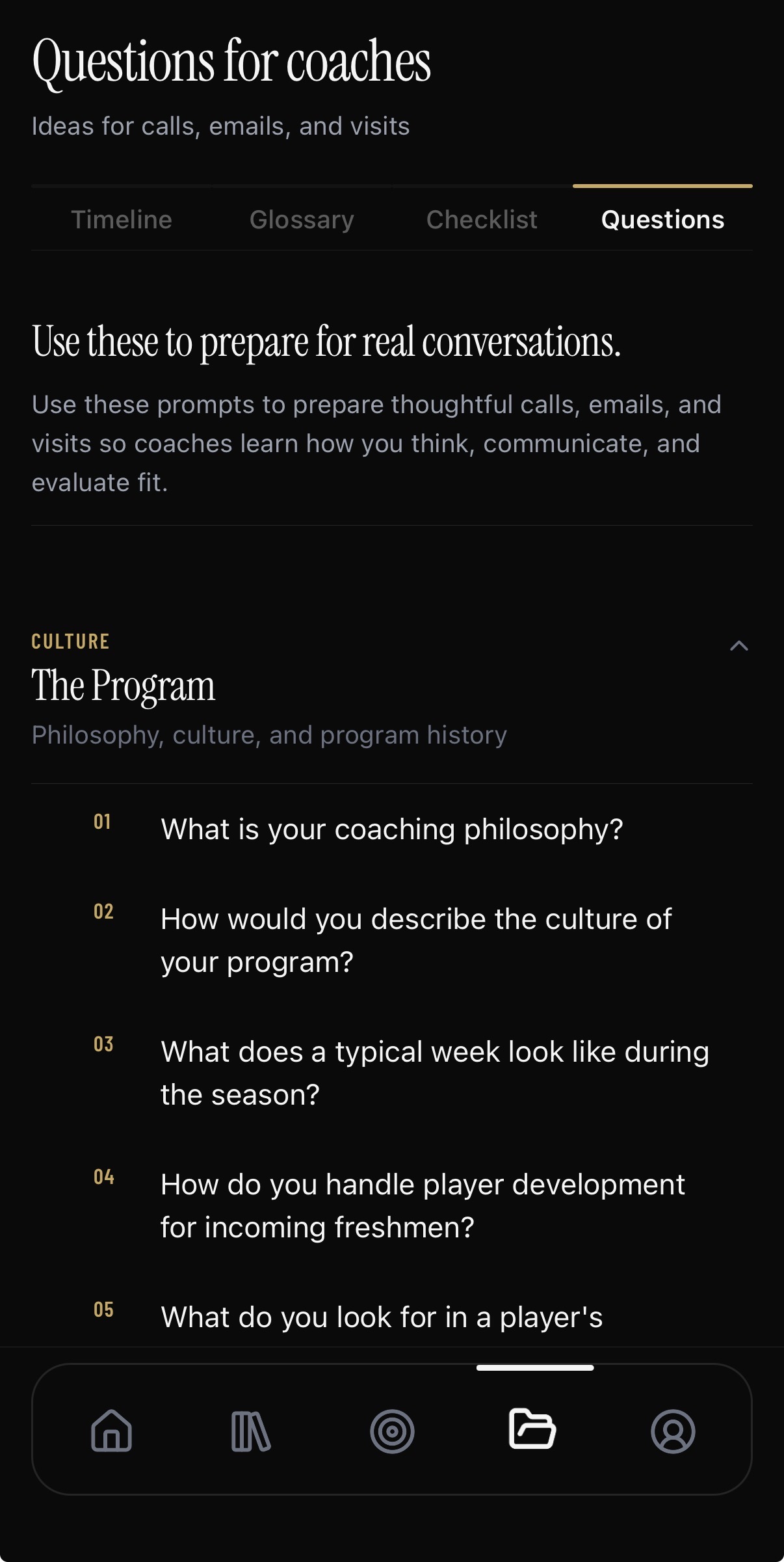 RecruitedXI questions for coaches guide inside the mobile app